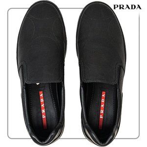 Prada Men's Black Leather with pattern Loafers 10US